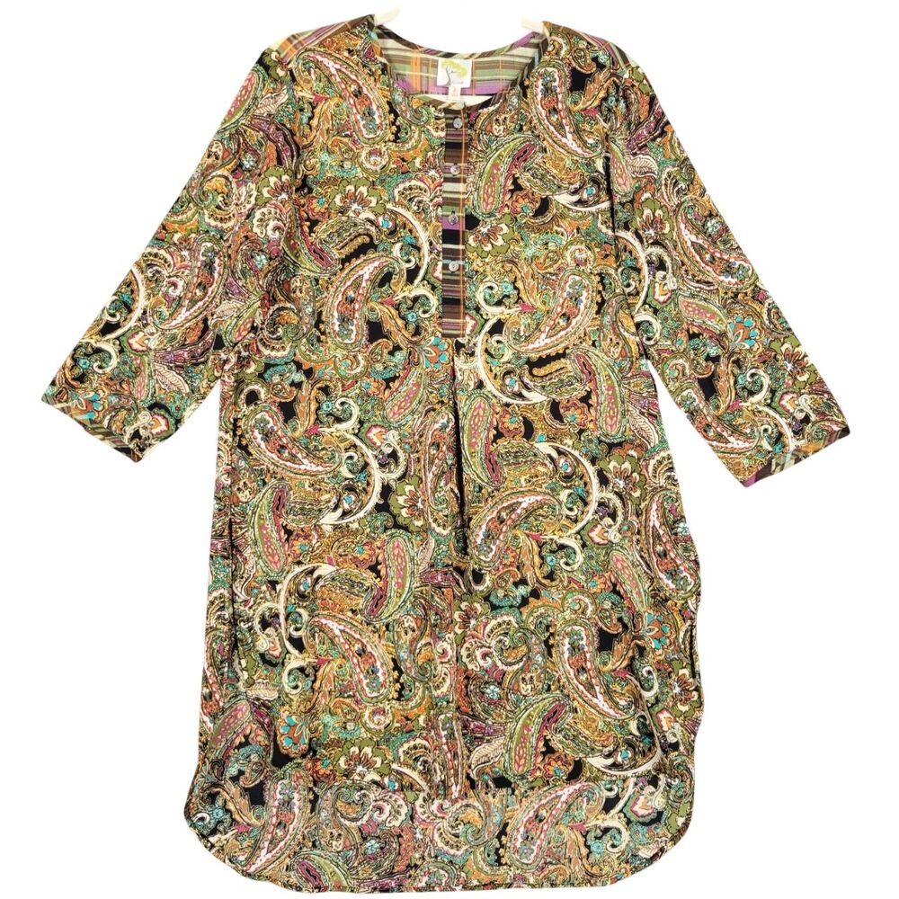 FIG & FLOWER Brown Paisley Mixed Print Artsy Boho Hippie Tunic Top SIZE LARGE